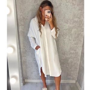 Shirt dress long women’s button collar top pockets  white